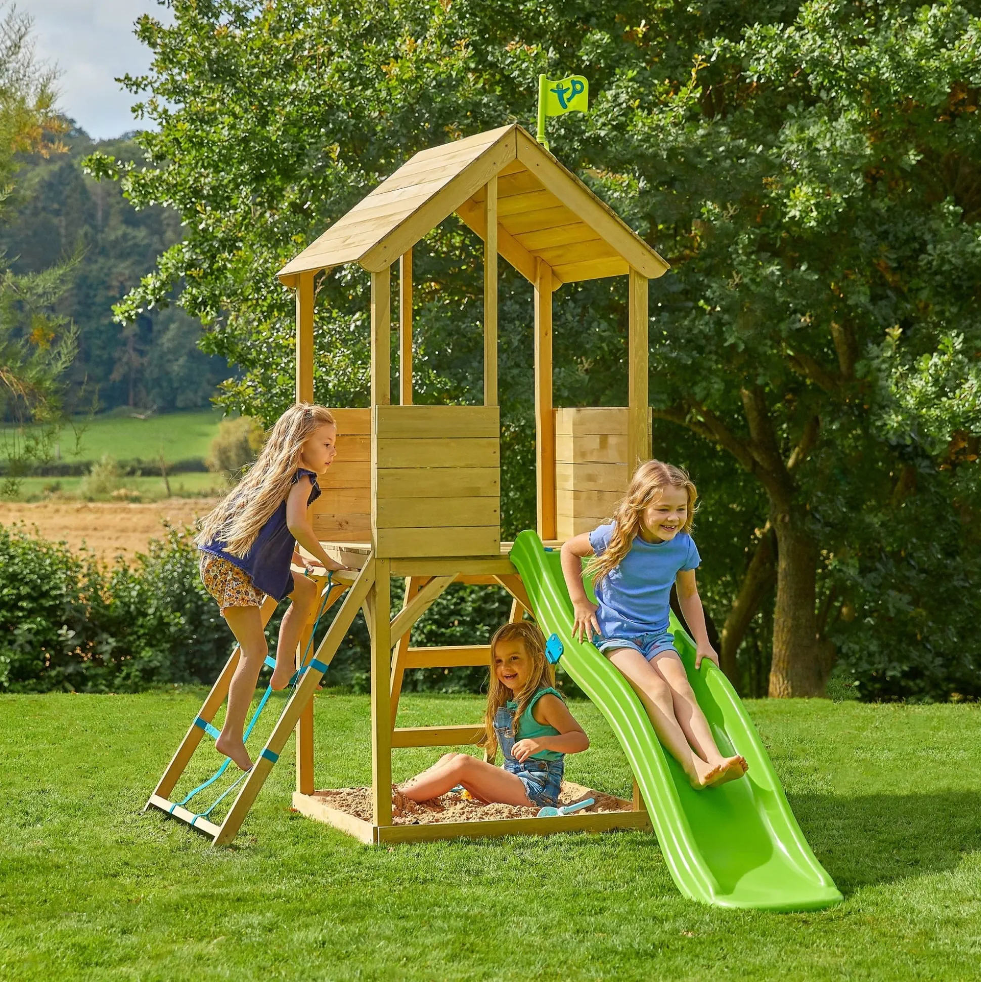 Treehouse Wooden Play Tower, with Wavy Slide & Cargo Net - FSC® certified